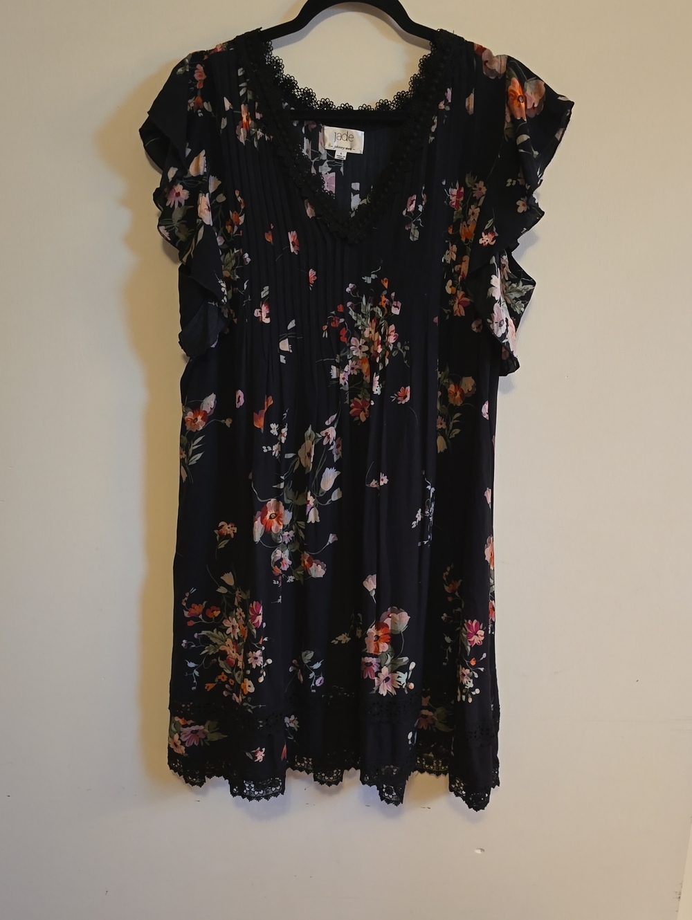 Johnny Was Black Floral Mini Dress with Lace Trim